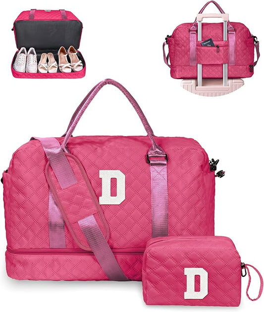 Gifts for Teen Girls 12-14-Initial Travel Bag with Shoe Compartment, Personalized Weekender Bag, Monogram Overnight Bag for Women, Letter Travel Bag with Makeup Bag (Letter D)