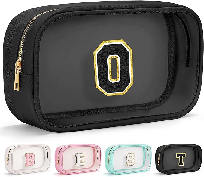 YOOLIFE Travel Clear Makeup Bag Toiletry Bag, Make up Bag Waterproof Toiletry Bags for Women Cosmetic Bag Birthday Gifts for Women Personalized Mother Girlfriend Wife Bridesmaid Gifts Black Letter O