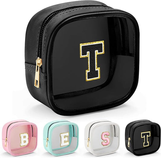 YOOLIFE Initial Makeup Bag Travel Toiletry Bag, Clear Makeup Bag Car Accessories For Women Clear Makeup Bags With Zipper Girlfriend Teacher 10 Year Old Girl Gifts Daughter Girl Gifts Mini Black T