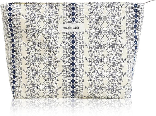 Wudygirl Makeup Bag Cute Cosmetic Bag for Women Large Capacity Makeup Pouch Travel Makeup Organizer Canvas Toiletry Bag Pouches for Purse with Zipper (Navy Blue Striped Floral)