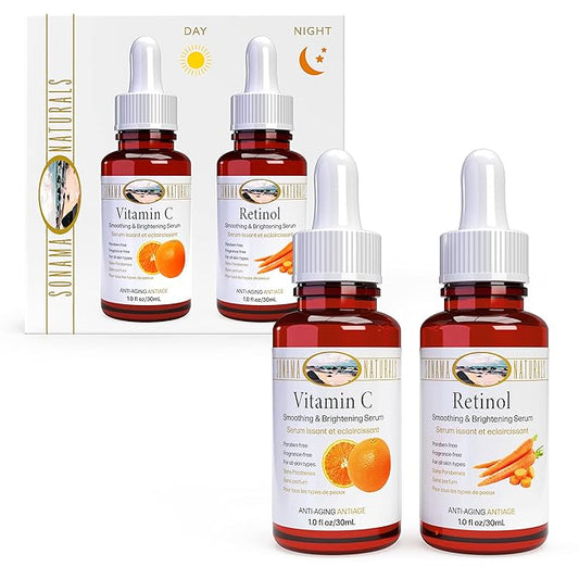 Vitamin C and Retinol Serum for Face, 1 oz. two-pack | Day & Night Kit | Smoothing Natural Anti-Aging Formula | Facial Serum for All Skin