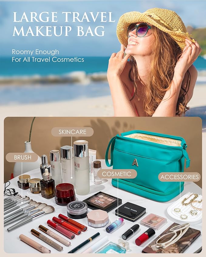 Holiday Gifts, Birthday Gift for Her, Makeup Bags, Waterproof Double Layer Cosmetic Bag, Large Capacity PU Leather Makeup Bags Letter Travel Toiletry Bag, Initial Gifts for Coworkers