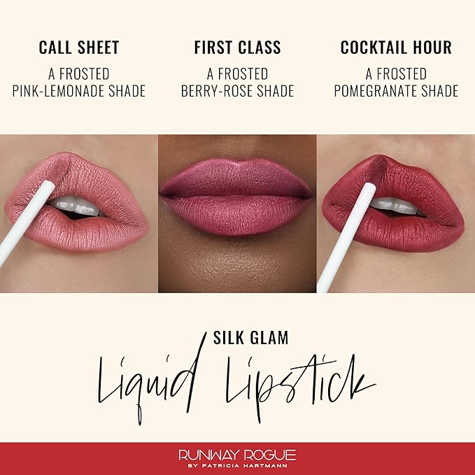 Runway Rogue Silk Glam Liquid Lipstick Lip Trio, Long Wear Frosted Liquid Lipstick Pack, (‘Call Sheet’, ‘Cocktail Hour’, ‘First Class’)