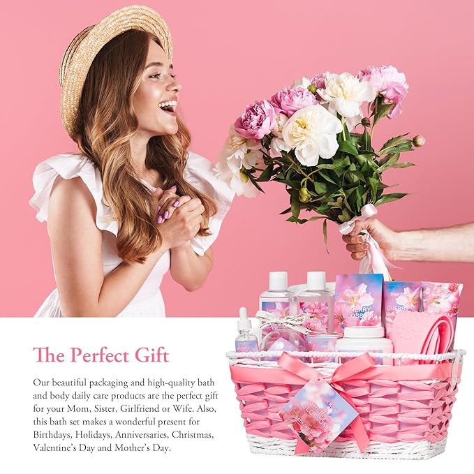 Bath & Body Gift Set, Luxury Home Spa Bath Gift Basket, Cherry Blossom Scented Bath Set, Pamper Gifts for Women & Teens, 12 Pcs Relaxing Home Spa Kit for women Body Kit Birthday Gift teacher's day