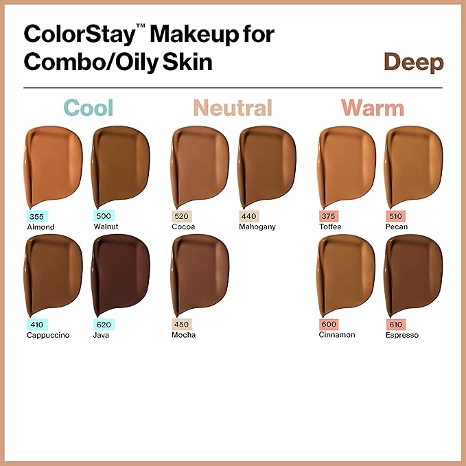 Revlon Liquid Foundation, ColorStay Face Makeup for Combination & Oily Skin, SPF 15, Medium-Full Coverage with Matte Finish, Walnut (500), 1.0 oz