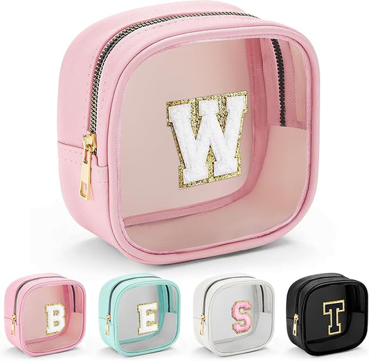 YOOLIFE Initial Make Up Bag Travel Toiletry Bag, Clear Makeup Bag Preppy Cosmetic Bags Organizer Travel Essentials Gifts for Women Teen Girlfriend Teacher Mom Birthday Mothers Day Gifts