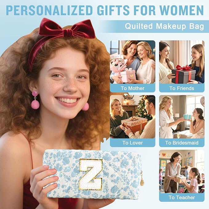 Personalized Quilted Cosmetic Bag, Puffy Monogrammed Christmas Birthday Gifts for Women & Girls, Cute initial Floral Makeup Bag Puffer Coquette Bag, Aesthetic Travel Toiletry Zipper Pouch(Blue,Z)