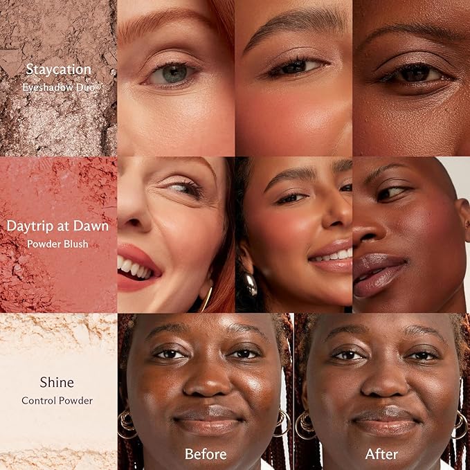 Subtl Staks 6-in-1 Stackable Travel Makeup Kit by Subtl Beauty - New Lip Glaze, Eyeshadow, Highlighter, Lip + Cheek, Blush, Shine Control - Includes Mirror & Brush - Compact Makeup for On the Go