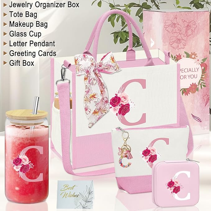 Initial Canvas Tote Bag,Birthday Gifts for Women,Monogrammed Gifts for Women,16oz Glass Cup,Personalized Gift for Mom,Initial Makeup Bag,Unique Gift for Mom Sister Bestie-C
