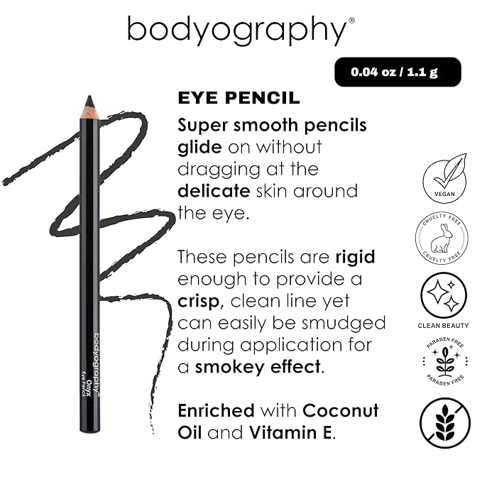 Bodyography Cream Eye Pencil, Black - Black Wooden Eyeliner for Eyes & Eyebrows, Long-Lasting Cruelty-Free Coconut Oil Cosmetic Liner