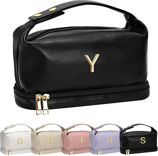 Makeup Bags Personalized Bags with Handle, Waterproof Double Layer Cosmetic Bag, Large Capacity PU Leather Makeup Bags Letter Travel Toiletry Bag with Makeup Brush Organizer