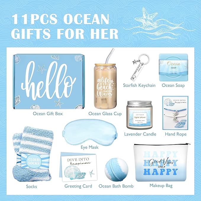 Birthday Gifts for Women, Ocean-Themed Gift Set for Women, Inspirational Thank You Gift Box, Christmas Gifts Beach Spa Self Care Basket for Her Teen Girl Sister Friend Friendship Mom