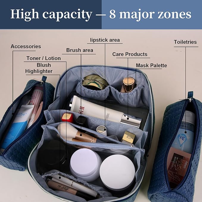 BOYATU Travel Makeup Bags for Women: Large Cosmetic Bag - 3 Set Make up Bags with Compartments - Vegan Leather Makeup Organizer Wide Open Portable Pouch (L20 Blue)