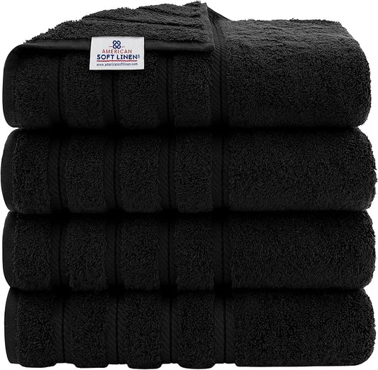 American Soft Linen Luxury 4 Piece Bath Towel Set, 600 GSM 100% Cotton Turkish Bath Towels for Bathroom, 27x54 in Extra Large Bathroom Shower Towels, Black