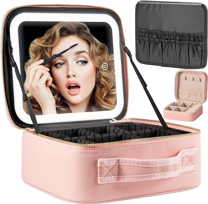Makeup Travel Train Case with Mirror LED Light 3 Adjustable Brightness Large Cosmetic Bag Portable Storage Adjustable Partition Waterproof Makeup Brushes Make up Jewelry Gift for Women