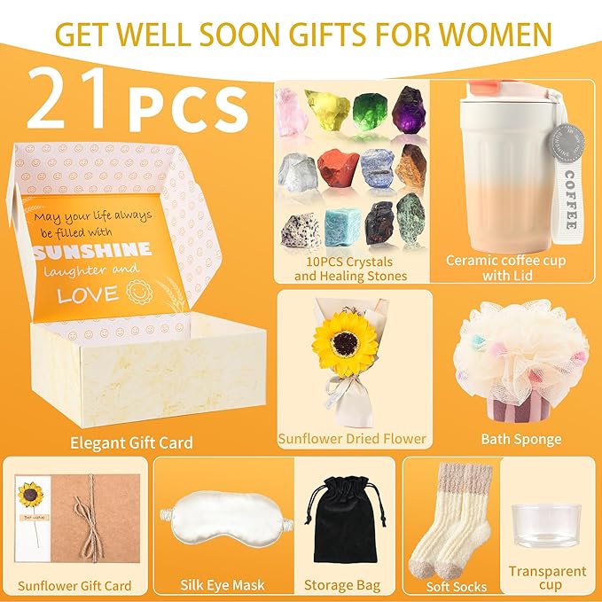 Alitifiy Get Well Soon Self Care Package Box, Birthday Xmas Gifts for Women, Sunflower Relaxing Feel Better Soon Basket Package w/ 12pcs Crystals Healing Stones, Sunshine and Wellness Presents for Her