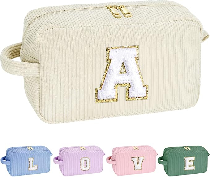 YOOLIFE Girls Makeup Bag Cosmetic Bag - Women Gifts Small Makeup Brush Bag Teen Girls Gifts Makeup Pouch Cute White Makeup Bag Personalized Best Friend Birthday Gifts for Women Girl White Letter A