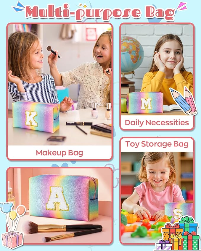 Monogrammed Gifts for Women Girl Kids, Preppy Vanity Bag, Makeup Travel Toiletry Bag with Zipper, Personalized Birthday Gift, Bridal Shower Gift, Flower Girls Gift (Small)