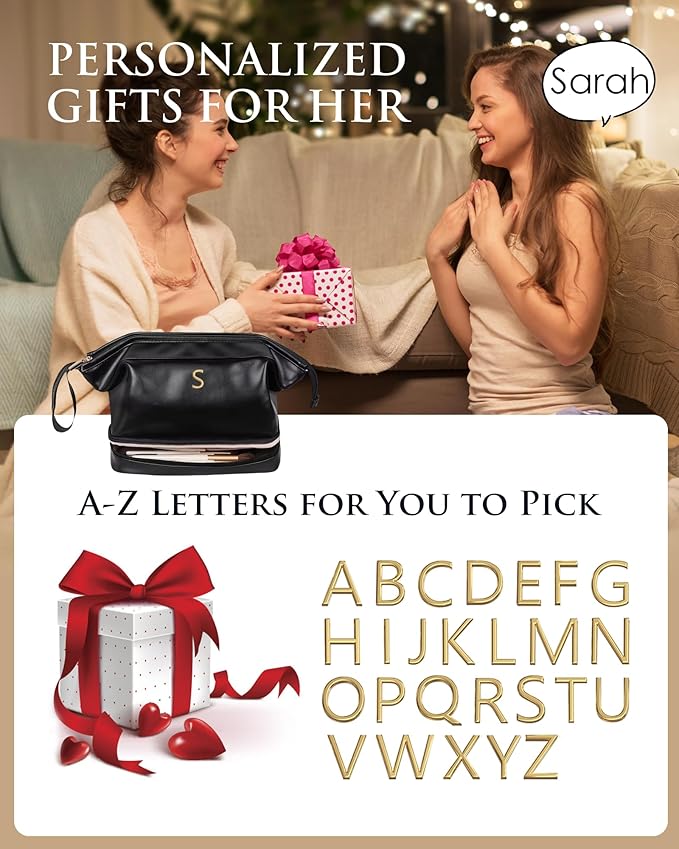 Gift Ideas for Woman Initial Large Makeup Bag, Personalized Birthday Gifts Cosmetic Bag with Makeup Brush Organizer, Waterproof, Large Capacity Travel Toiletry Bag for Women Makeup pouch