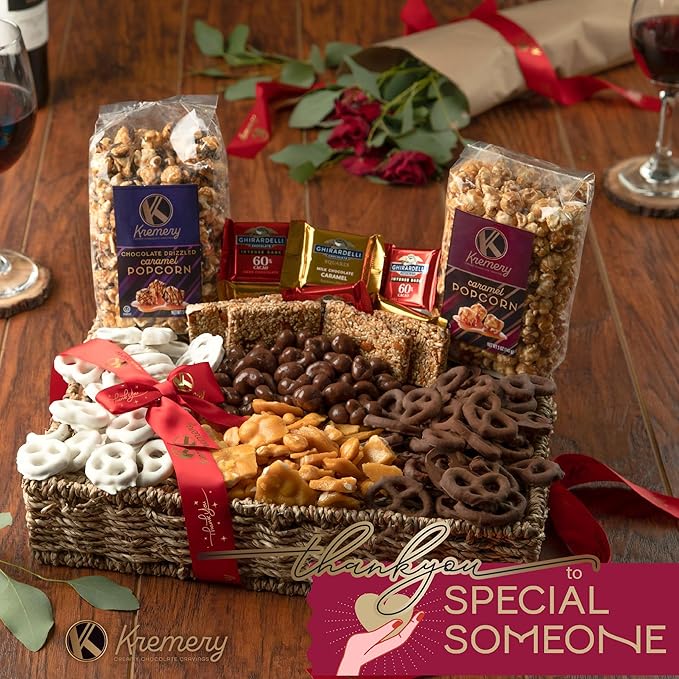 KREMERY Creamy Chocolate Cravings - Thank You Appreciation, Chocolate Covered Pretzels & Caramel Popcorn Gift Basket, in Seagrass Tray + Ribbon & Greeting Card (Deluxe, 3.5 lbs) Food Assortments USA Made