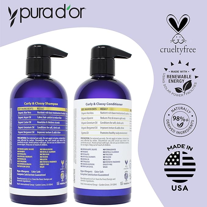 PURA D'OR Curly & Classy Shampoo & Conditioner Set for Defined Curls - Nourishing Formula with Argan, Castor, Geranium, Coconut & Kukui Seed Oils