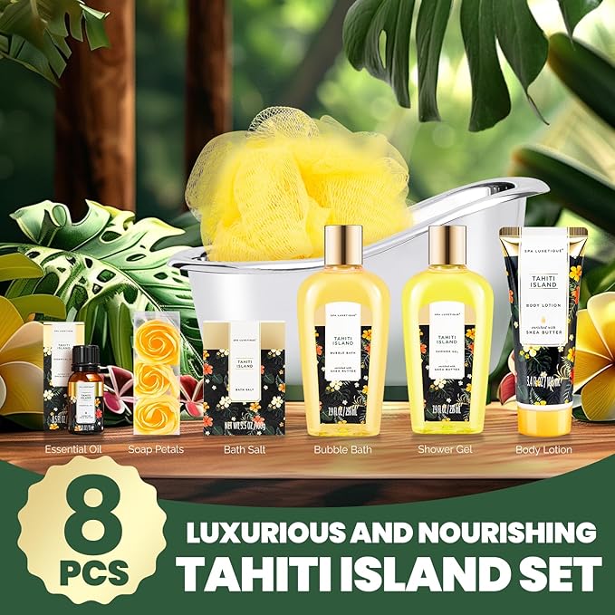 Luxetique Spa Gift Basket for Women - 8pc Yellow Gift Set, Includes Body Lotion, Bubble Bath & Bath Set for Mothers Day