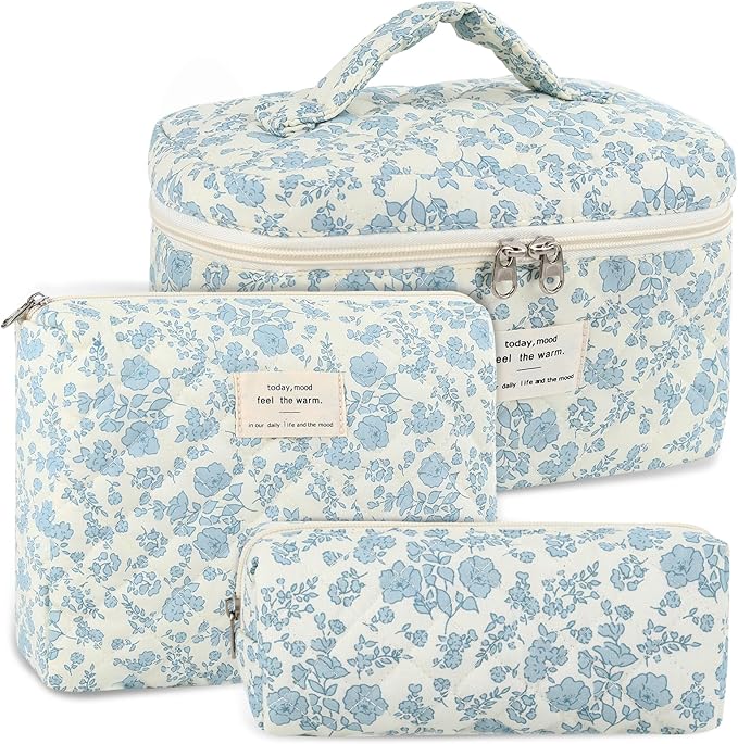 Anfly Makeup Bag, Quilted Cosmetic Bags, Large Floral Make Up Bag, Cute Makeup Bag 3PC Set for Women Girls (Blue)