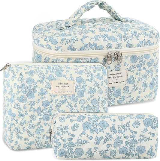 Anfly Makeup Bag, Quilted Cosmetic Bags, Large Floral Make Up Bag, Cute Makeup Bag 3PC Set for Women Girls (Blue)