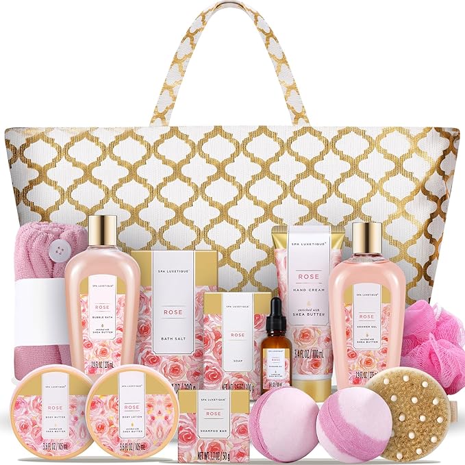 Spa Luxetique Spa Baskets for Women Gift, Womens Spa Gift Baskets, 15pcs Rose Spa Sets, Spa Kit Includes Body Oil, Bubble Bath, Bath Sets for Women, Christmas Gifts