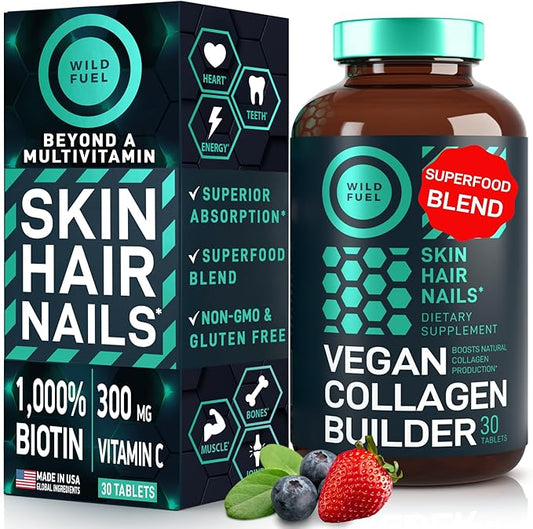 WILD FUEL Vegan Collagen Builder - Biotin, Organic Superfood, Amino Acids Glycine, Lysine, Proline Plant-Based Collagen Booster Supplements - 30 Organic Extract Tablets