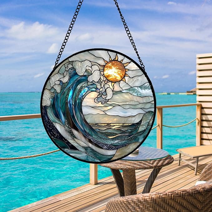 Stained Glass Window Hanging, Blue and White Waves Suncatcher Diamond Glass Panel Landscape Sun Catchers Decor for Birthday for Women, Men, Wife, Aunt, and Mom 14.9x14.9 in