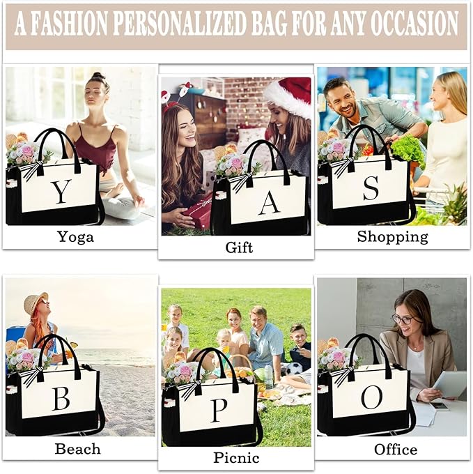 YOOLIFE Gifts for Women - Initial Tote Bag & Makeup Bag, Birthday Gifts for Women Mom Wife Teacher Friend