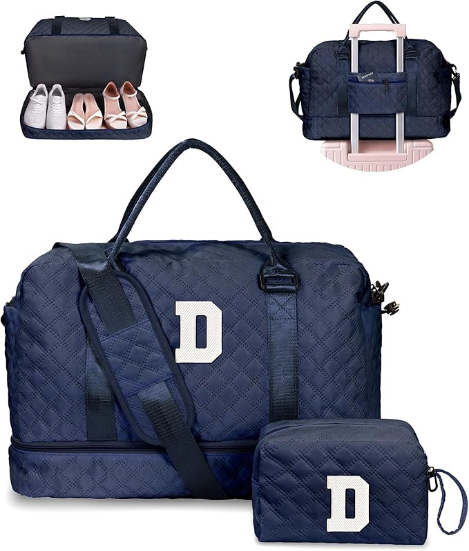 Initial Duffle With Shoe Compartment, Personalized Weekender, Monogram Overnight Bag for Women With Trolley Sleeve & Wet Pocket, Letter Travel Bag With Makeup Bag (Letter D)