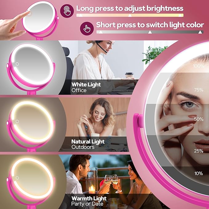 B Beauty Planet Makeup Mirror with Lights, Lighted Magnifying Mirror 30X with 3 Lighting and Adjustable Brightness, 2-Sided Height Adjustable Vanity Mirror for Bathroom, Gifts for Women Hot Pink