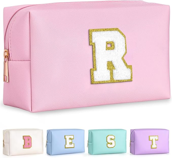 TOPEAST Cosmetic Travel Bags for Women, Preppy Small Makeup Bag, PU Leather Waterproof Toiletry Bag, Unique Friendship Gifts for Friends Coworker, Cute Stuff for Girls (Pink R)