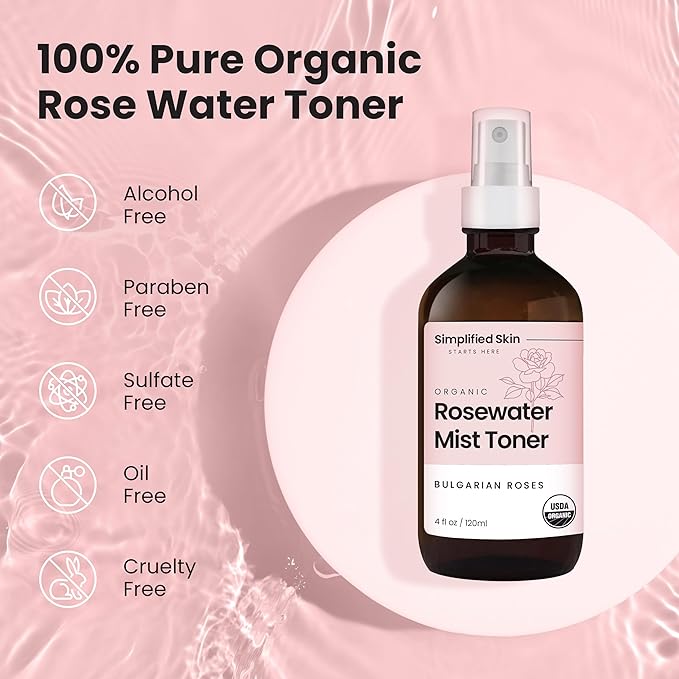 Rose Water Spray for Face & Hair – Pure USDA Organic Rosewater Toner – Refreshing Mist for Skin Care, Makeup & Locs – Natural Rose Scent, 4 Oz (2 Pack)