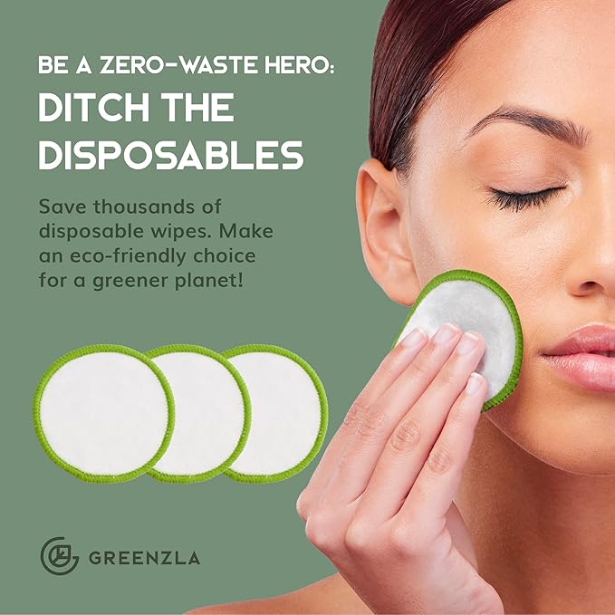 Greenzla Reusable Makeup Remover Pads (20 Pack) Washable Laundry Bag & Round Box for Storage, Reusable Bamboo Cotton Rounds for All Skin Types