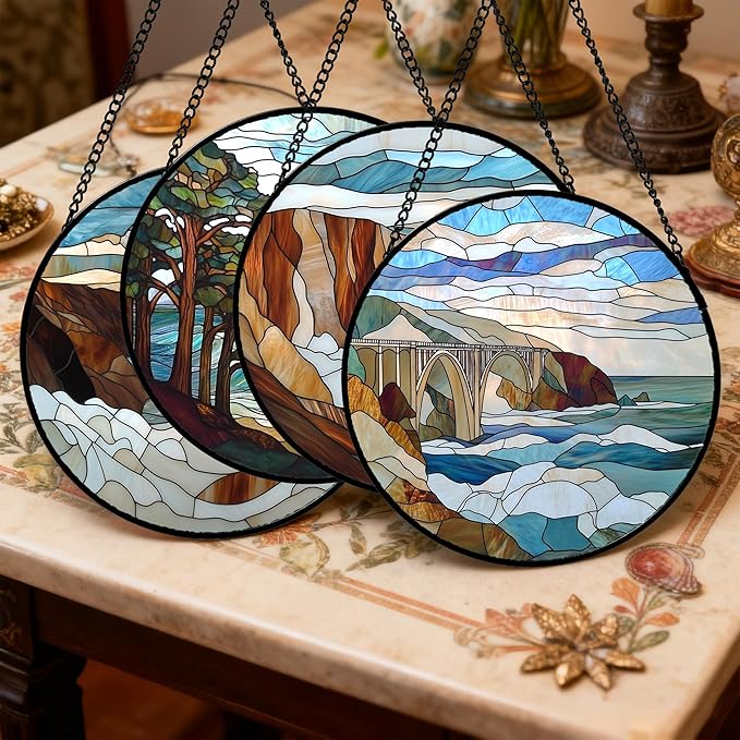 Stained Glass Window Hanging 4 Pcs Set Ocean Waves 6.3" - Blue and White Sea Suncatcher Door Garden Sun Catcher Decor Birthday Christmas for Mom Woman Nana Men