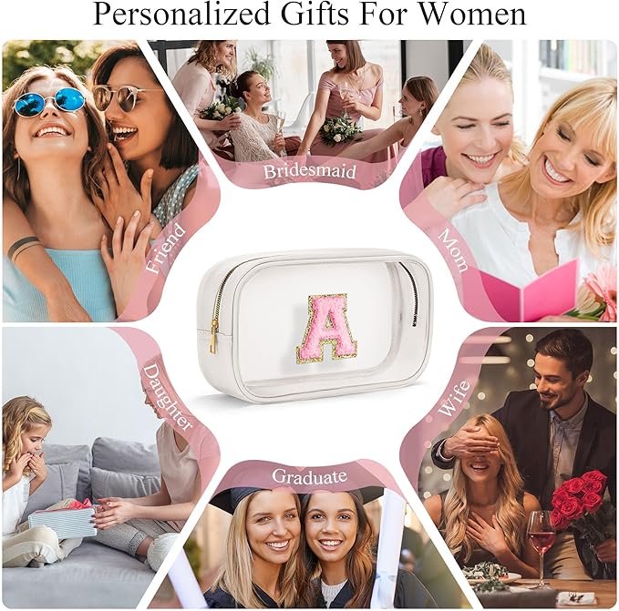 YOOLIFE Initial Makeup Bag Travel Toiletry Bag, Clear Makeup Bag Preppy Cosmetic Bag Clear Makeup Bags With Zipper Girlfriend Teacher 7 Year Old Girl Gifts Daughter Gifts Swim Gifts For Girls White Z