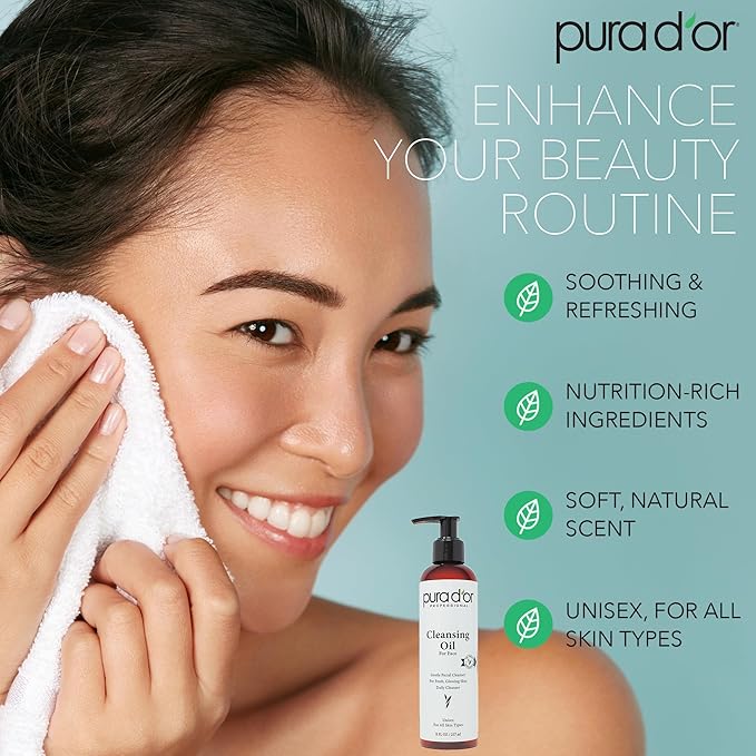 PURA D'OR 8 Oz Facial Cleansing Oil - Nourishing Botanical Blend with & Vitamin, Jojoba and Sunflower Oil - Gentle Makeup Remover & Deep Cleanser For Healthy, Glowing Skin - Paraben-Free Beauty
