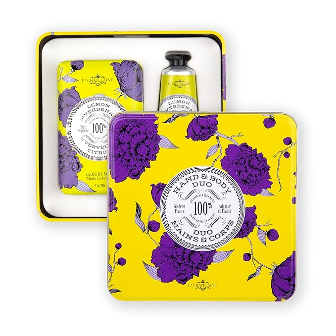 La Chatelaine Lemon Verbena Triple Milled Bar Soap and 20% Shea Butter Hand Cream Gift Set, Decorative Tin, Plant-Based, Natural & Organic, Made in France (7 oz. soap bar, 1 oz. hand lotion)