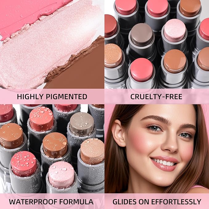 KIMUSE Cream Contour Stick Duo, Cream Blush Stick, Bronzer Shaping Stick, Creamy, Highly Pigmented, Long Lasting, Vegan Face Make Up Sticks