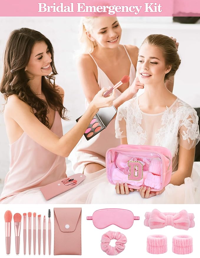 Gift Sets for Women, Initial Makeup Bag with Makeup Brush Set Bachelorette Party Favors, Pink Spa Kit with Skincare Headbands Wrist Bands Sleepover Party Supplies Gifts for Teen Girls Bridesmaid D
