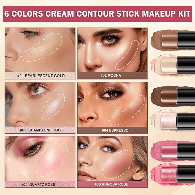 6 Colors Cream Contour Stick Makeup Contour Kit,Double-ended Cream Bronzer Stick,Highlighter Stick,Cream Blush Stick,Lightweight Contour Makeup Kit for Beginners - Set A