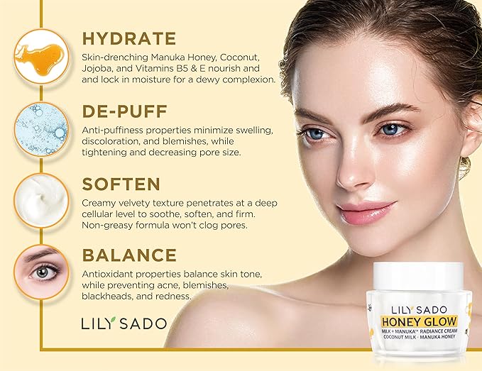 LILY SADO HONEY GLOW Radiance Cream Face Moisturizer - Natural Daily Facial Lotion w Manuka Honey, Coconut, Apricot, Gotu Kola, and VITS B5 & E - Amazing Anti Aging Formula. 2 oz