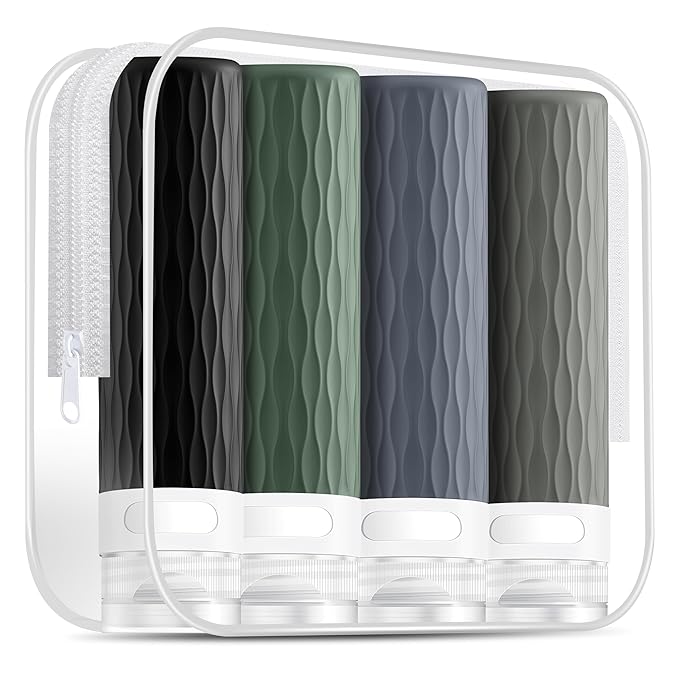 Travel Bottles for Toiletries, TSA Approved 3.4oz Travel Size Containers, BPA Free Leak Proof Silicone Traveling Bottles, Refillable Travel Essentials Kits for Shampoo Conditioner(4 Pack)-A