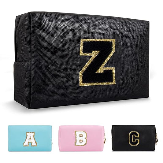 Personalized Initial A-Z Preppy Patch Makeup Bag,Small PU Chenille Letter Cosmetic Bag with Zipper for Teen Girls,Black Cute Toiletry Organizer Bag,Monogram Makeup Case Gift for Women Girls,Letter Z