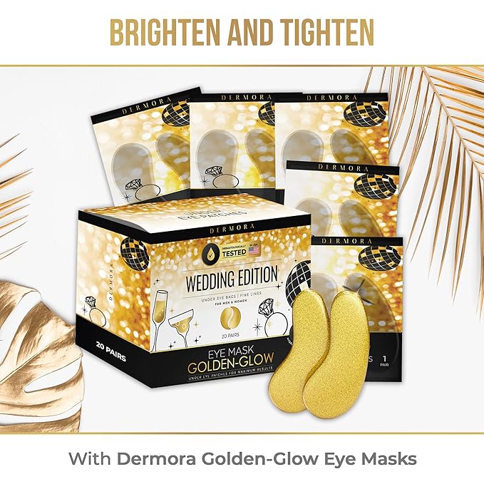 DERMORA Wedding-Themed Eye Mask (20 Pairs), Golden Under Eye Patches - Rejuvenating Treatment for Dark Circles, Puffy Eyes, Refreshing, Revitalizing, Travel, Wrinkles