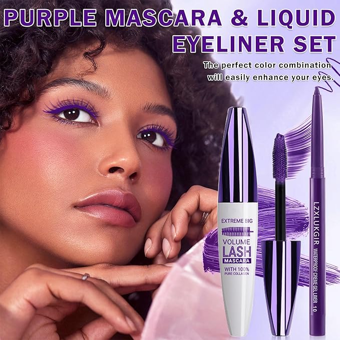 Purple Mascara and Eyeliner Set,5D Colored Volume and Length Waterproof,Purple Mascara for Eyelashes,Natural Lengthening Curling,Suitable for Women