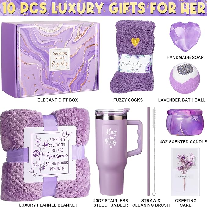 Birthday Gifts for Women Self Care Gifts Get Well Soon Gifts, Lavender Relaxing Spa Gifts Basket Care Package w/ Flannel Blanket 40 OZ Tumbler, Mothers Day Gifts for Mom Her Wife Friends Sister Wife